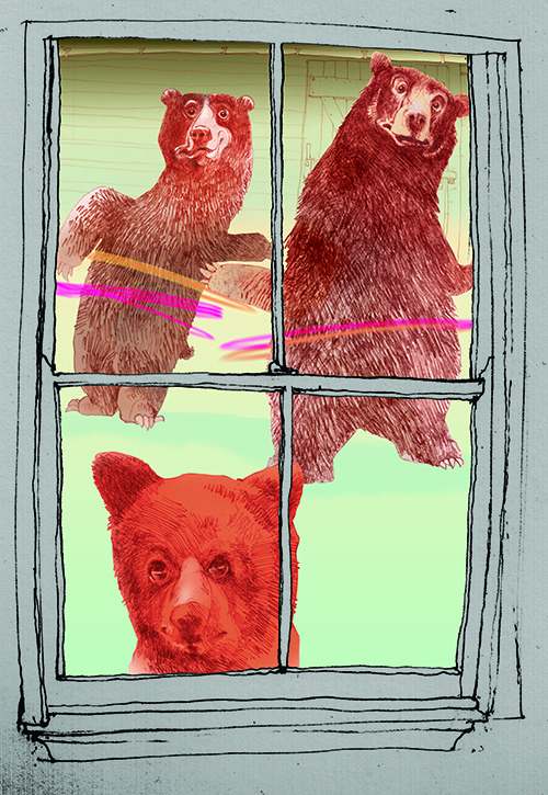 Looking through the window, Goldilocks sees three bears hooping.