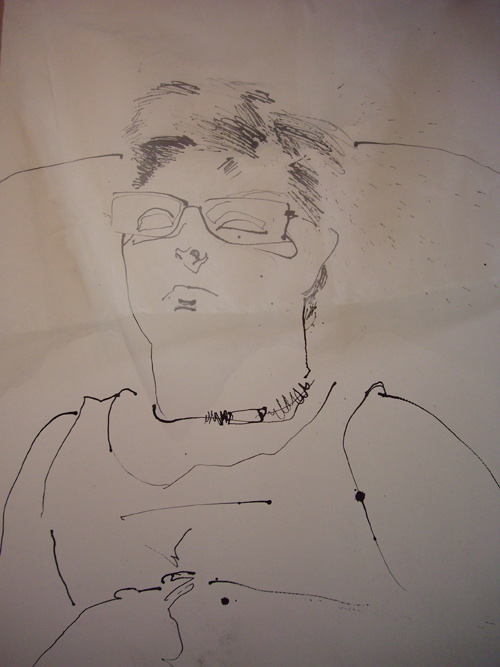 ink portrait of Liz with organza veil