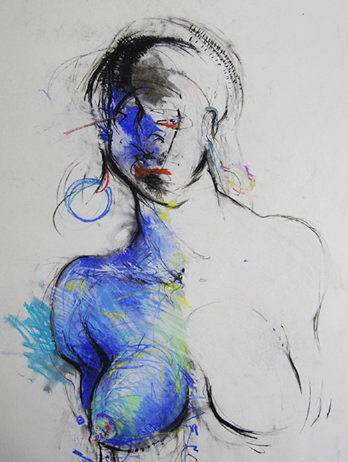 female figure wearing blue body paint - pastel and charcoal drawing on paper