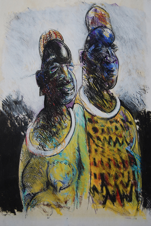 couple in tribal body decoration - drawing in charcoal, pastel and oil pastel on paper