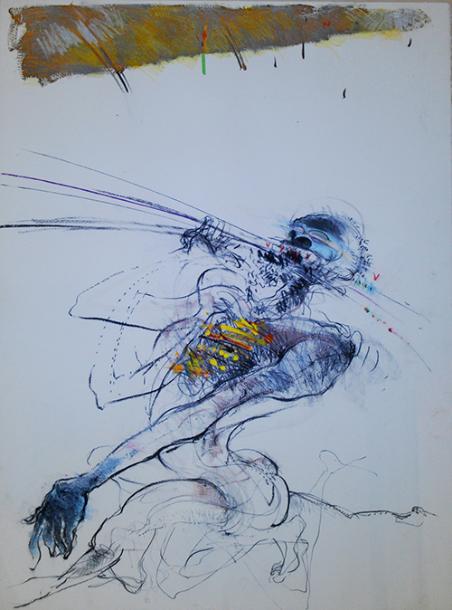 drawing of running man carrying spear - charcoal, and gouache on paper