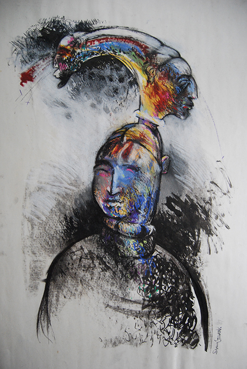 drawing of male figure wearing face mask - drawing in charcoal, pastel and oil pastel on paper
