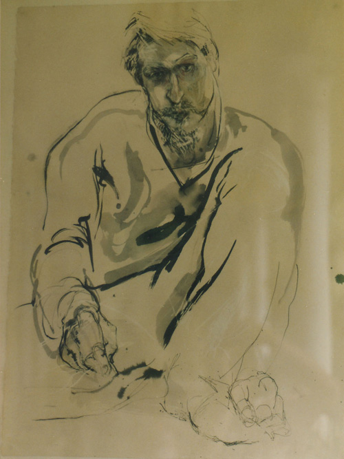 self-portrait in ink and wash on paper