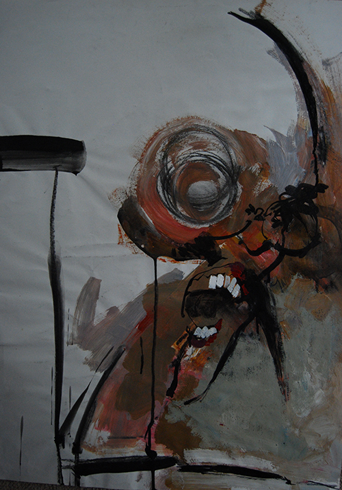 contorted face in acrylic and ink on paper